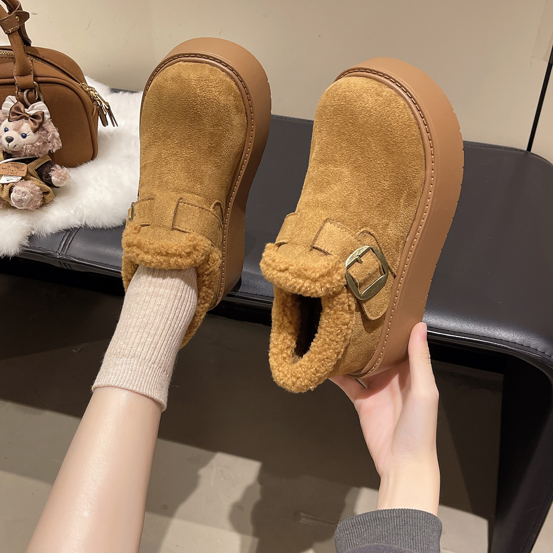 厚底雪地靴女加绒保暖毛毛鞋勃肯鞋女2025新款冬季博肯乐福鞋棉鞋