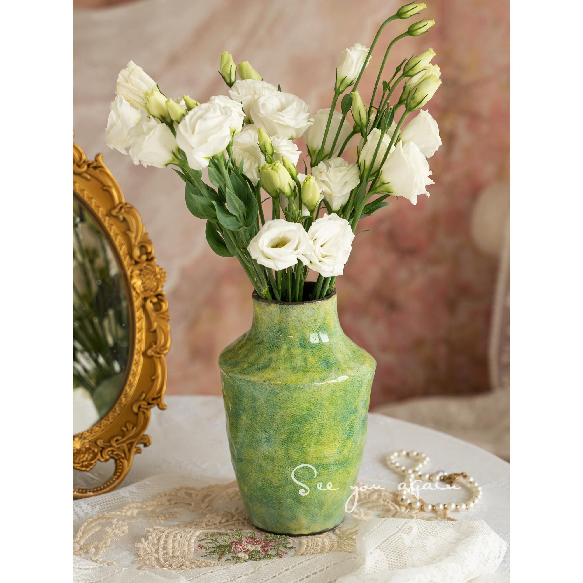陶瓷花瓶法式复古中古风绿色创意油画干花鲜花插花高级感客厅摆件