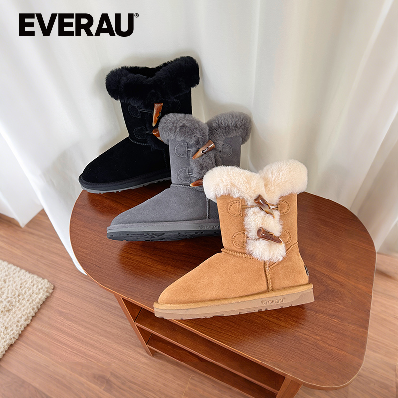 EVERAU牛角扣中筒雪地靴2025冬皮毛一体防滑加厚东北棉鞋UEA3023