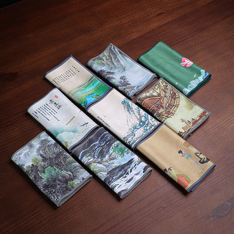 加厚毛绒吸水茶巾彩绘禅意毛巾茶布专用茶桌布养壶抹布