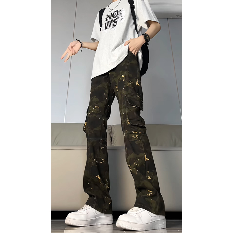 美式高街迷彩工装裤男春秋季hiphop潮牌痞帅牛仔裤微喇弹力长裤子