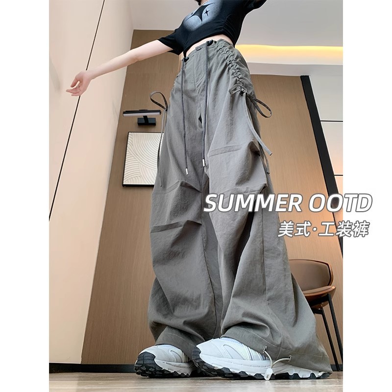 灰色美式工装裤女夏薄款2025新款降落伞兵直筒小个子休闲阔腿裤男