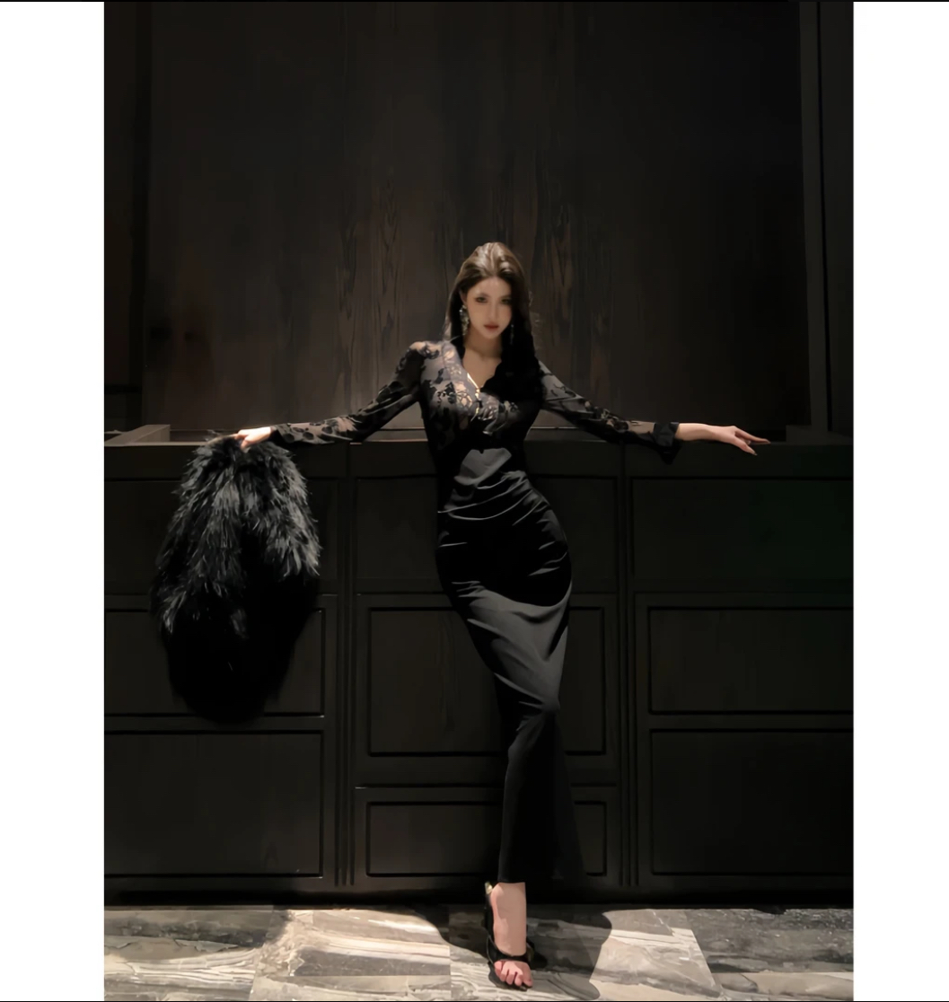 【现货+运补】法式V领蕾丝拼接长袖连衣裙早秋御姐气质性感包臀裙