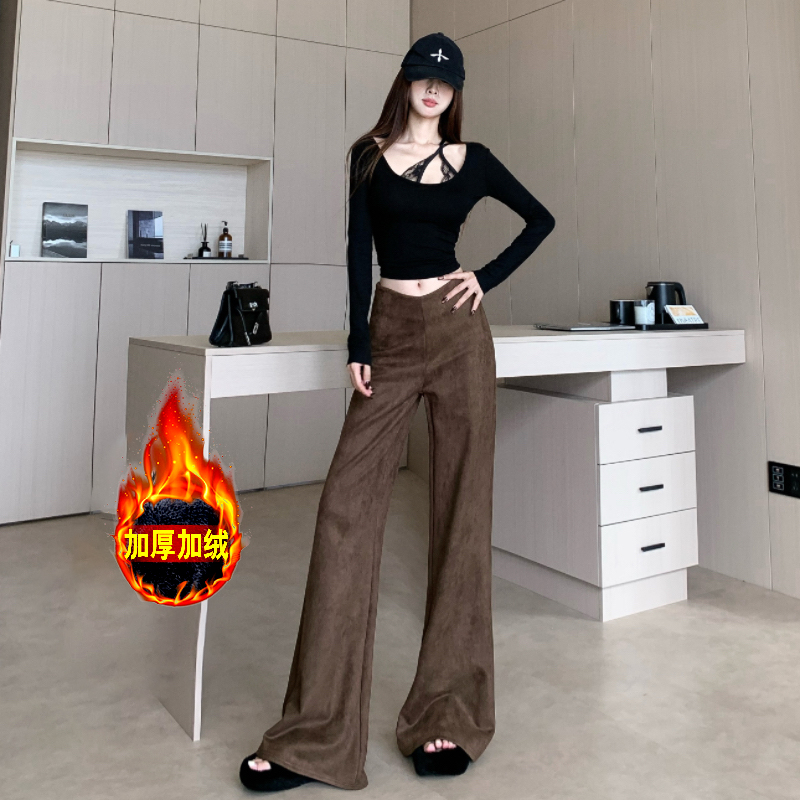 加绒加厚皮绒微喇叭休闲裤女冬季新款复古宽松垂感拖地裤辣妹长裤