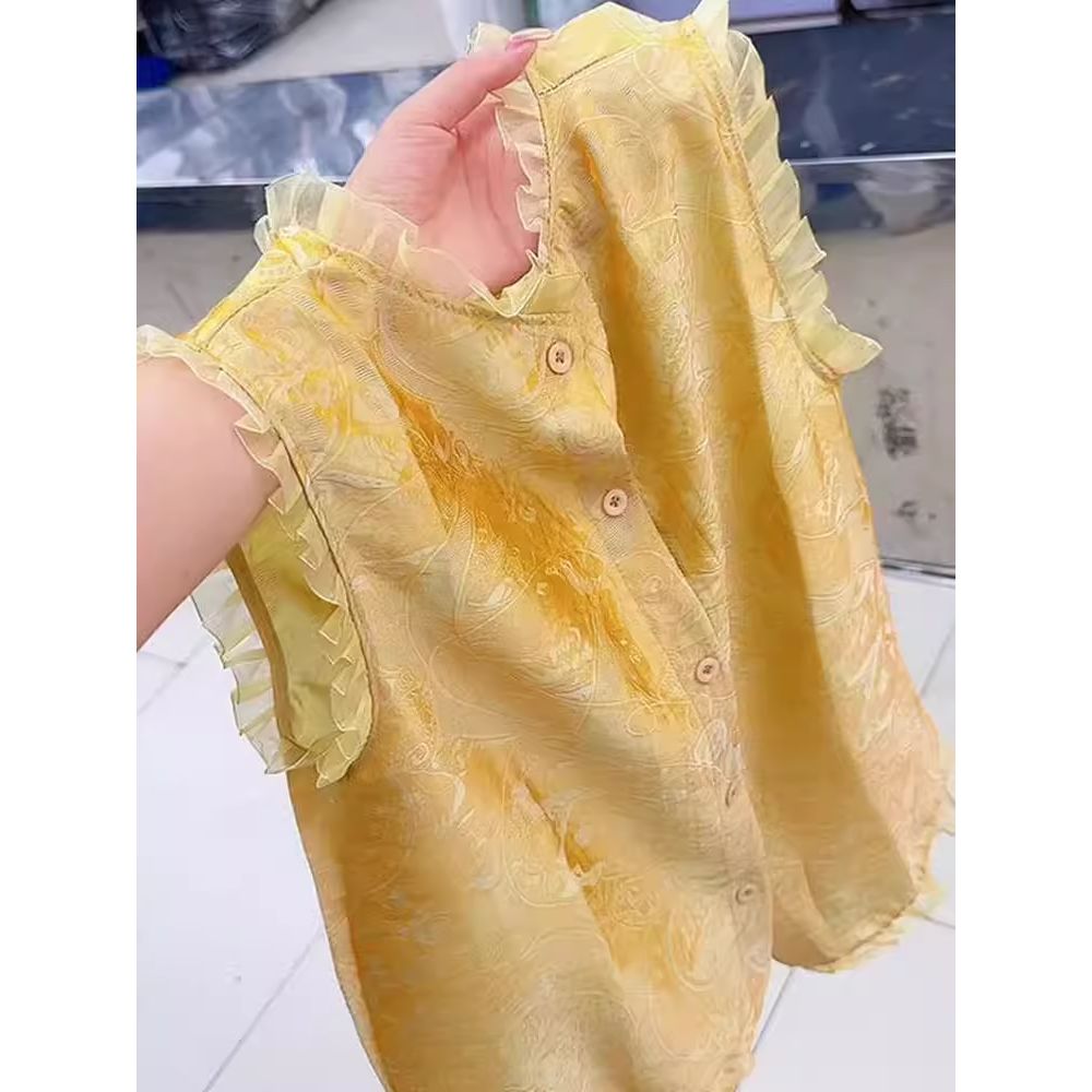 哥弟阿玛施正品设计感花边无袖上衣女夏季2025年新款覆古提花高级