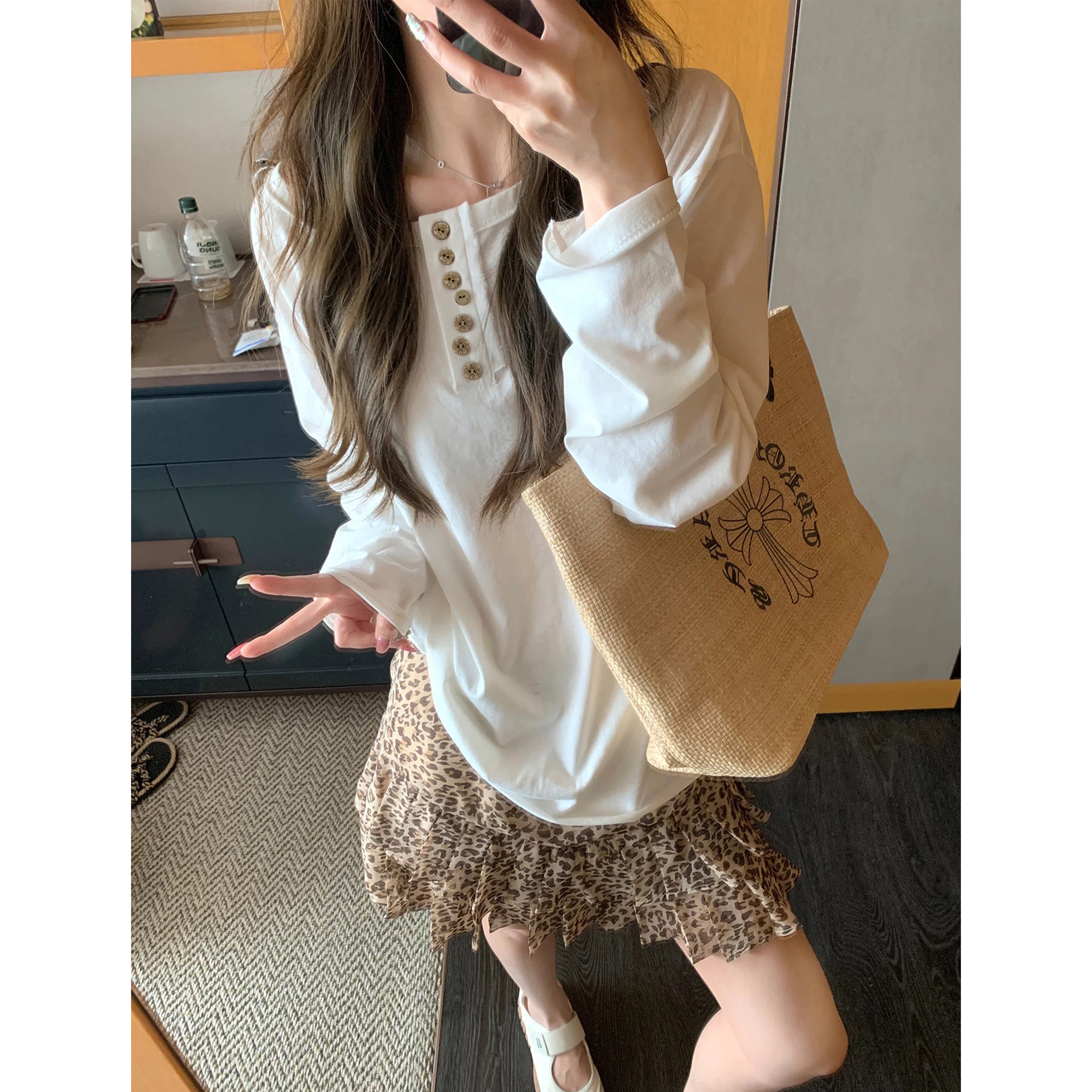 【 曲奇饼干】 夏日休闲不规则扣罩衫+豹纹蛋糕裙C 9023#