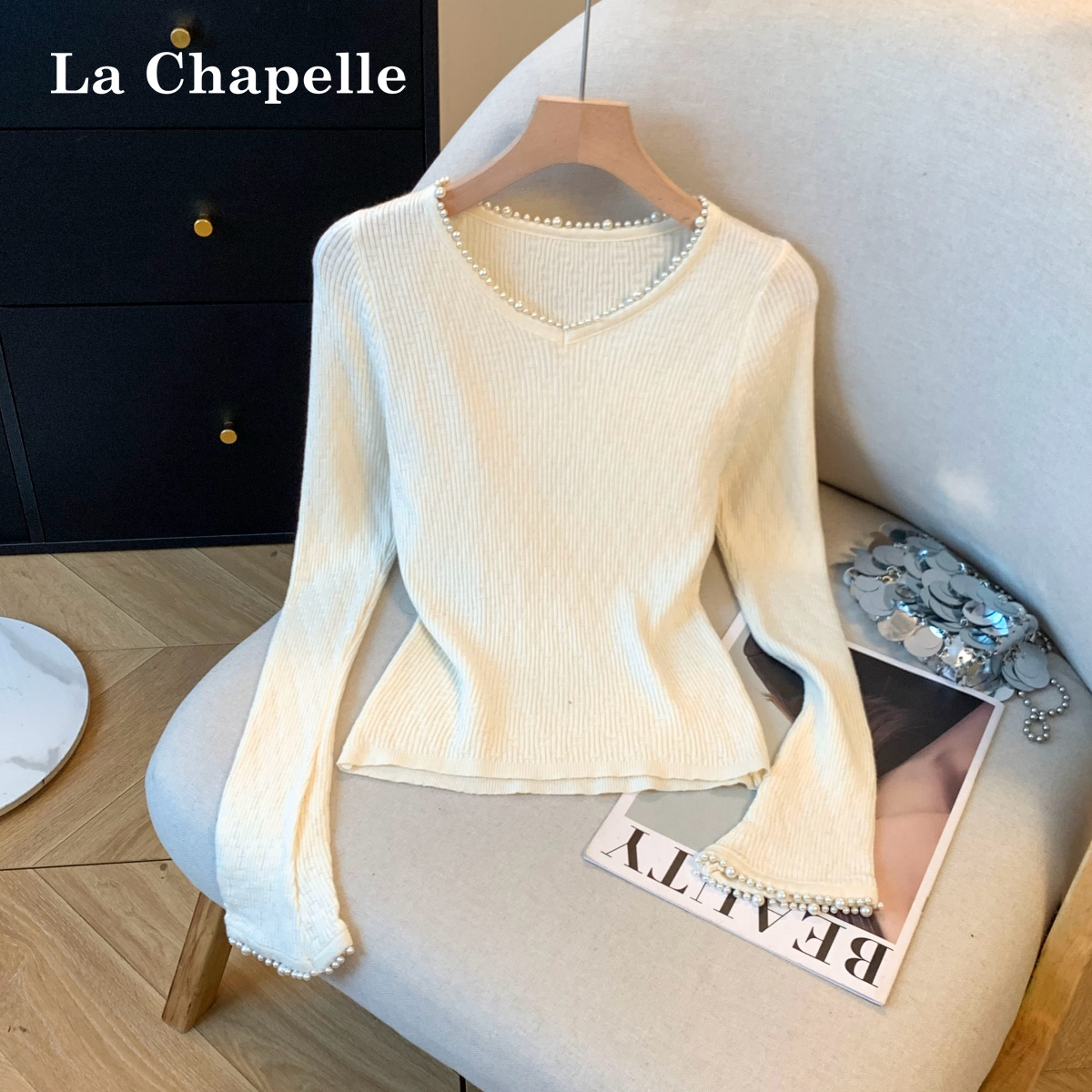 拉夏贝尔v领针织打底衫女内搭秋季爆款2025设计感小众绝美上衣潮