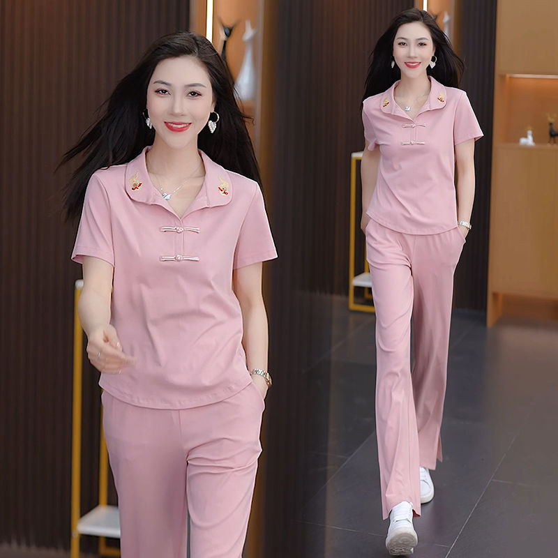 新中式休闲运动套装女夏季新款时尚洋气国风短袖T恤显瘦两件套潮