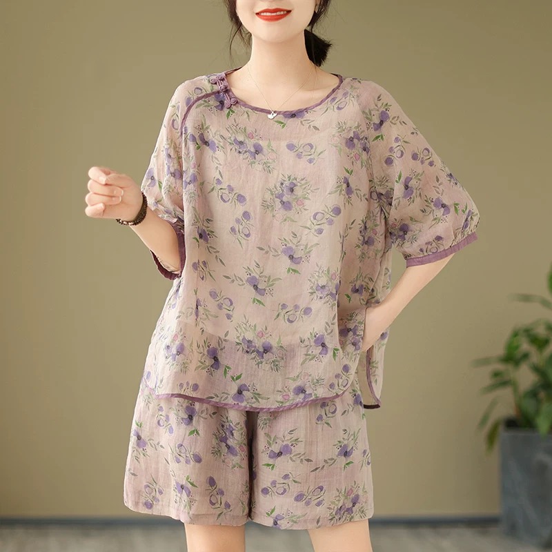 睡衣套装休闲中国风新款时尚碎花简约时尚夏季宽松短袖圆领两件套