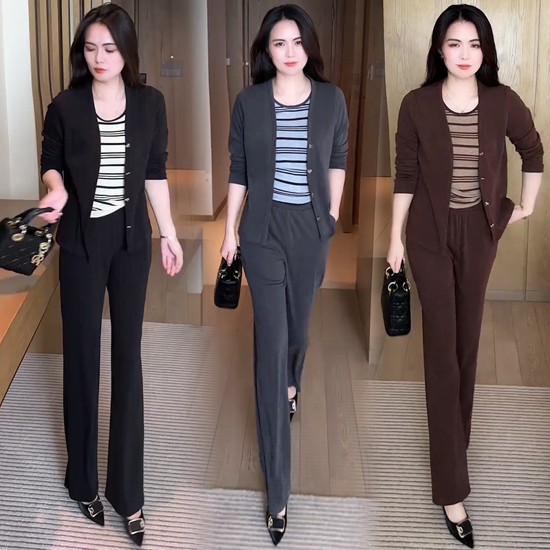 时尚套装女2025秋季新款洋气显瘦长袖外披条纹背心阔腿裤三件套潮
