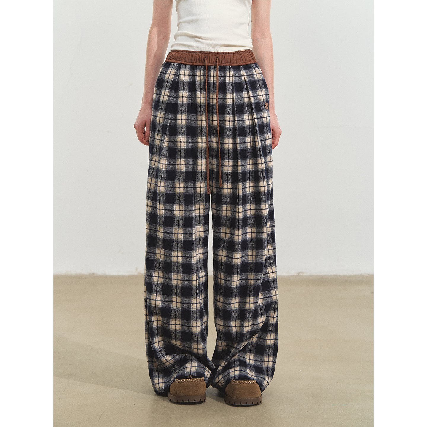 SOMESOWE慵懒格纹阔腿休闲裤