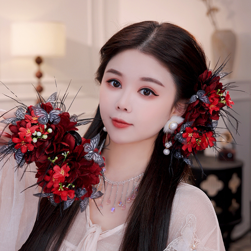 时宴泡芙凤凰台上鲨鱼夹立体花朵蝴蝶羽毛发饰氛围感抓夹显发量