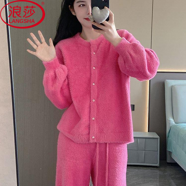 浪莎新款睡衣女秋冬季法兰绒加绒加厚套装高级感气质珊瑚绒家居服
