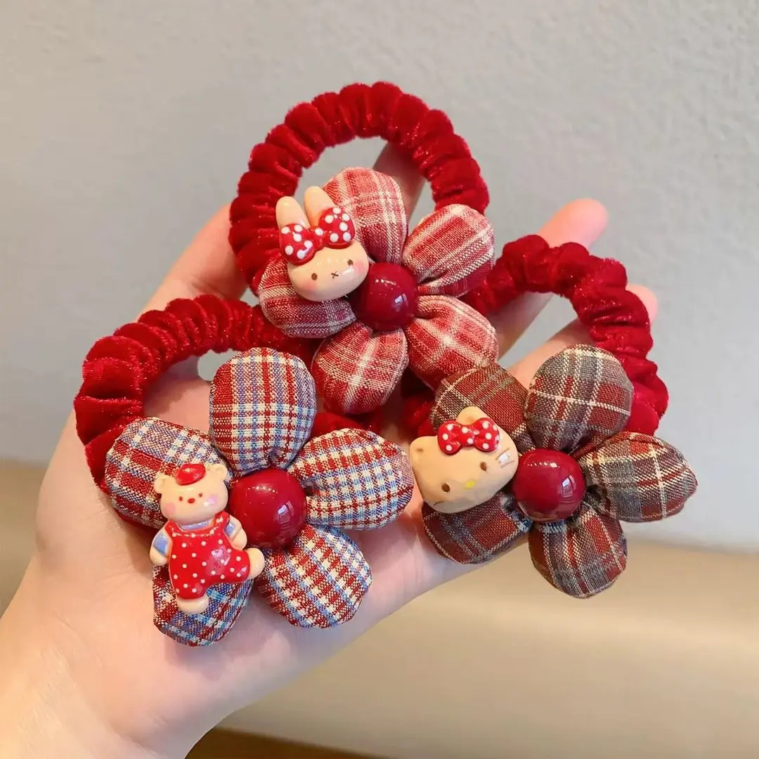 红色格纹花朵发圈儿童秋冬植绒扎发绳可爱卡通丸子头皮筋女童发饰
