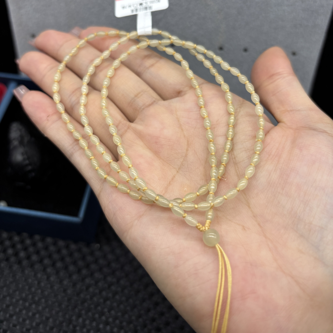 精美天然和田玉蜂蜜水米珠2.8mm玉石挂坠绳项链毛衣链长链百搭款