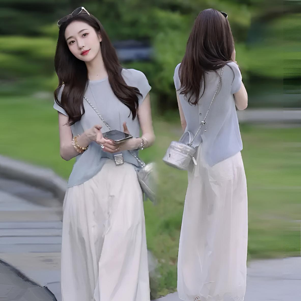 夏季穿搭一整套2025新款休闲设计感短袖针织上衣九分裤子两件套装