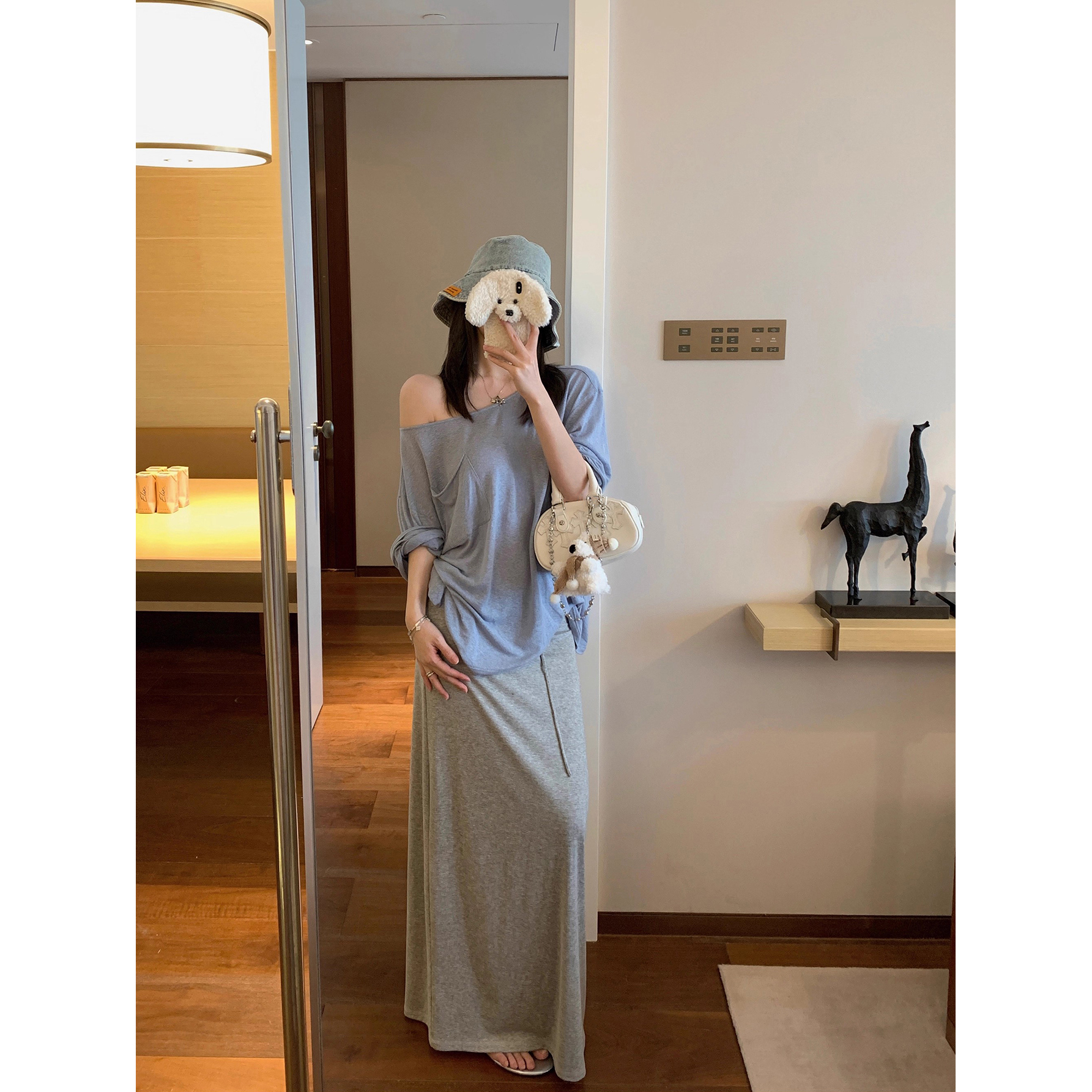 松弛慵懒T恤斜肩防晒衫+休闲半身裙高腰显瘦长裙  60150