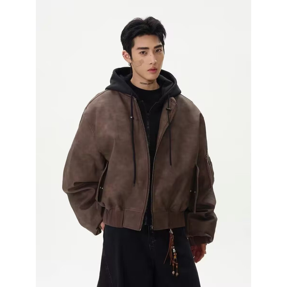 美式bomeber假两件飞行服夹克男秋冬季加厚宽松连帽廓形PU皮外套