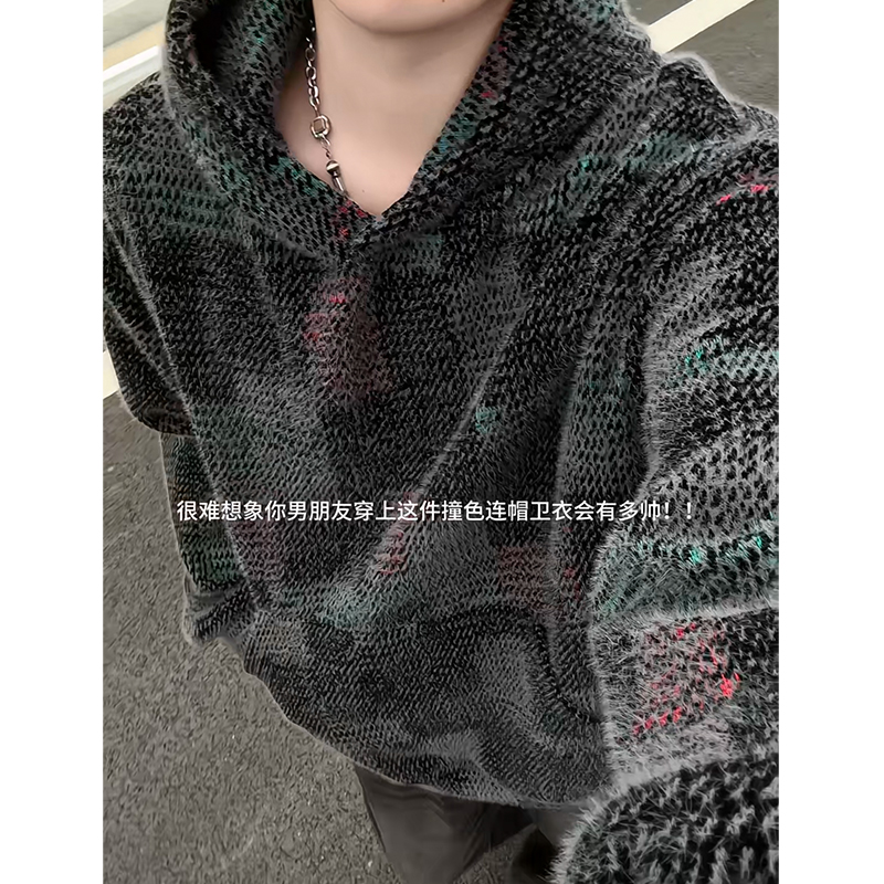 七彩刺绣连帽卫衣男生秋冬季美式重磅宽松慵懒风撞色外套2025新款