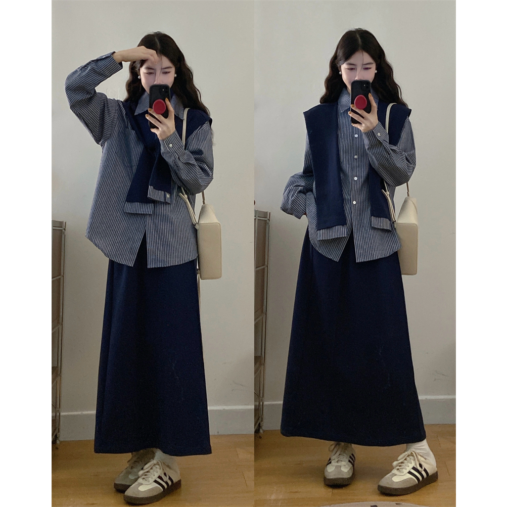 大码秋季新款复古韩系翻领长袖条纹衬衫+半身裙配披肩显瘦三件套