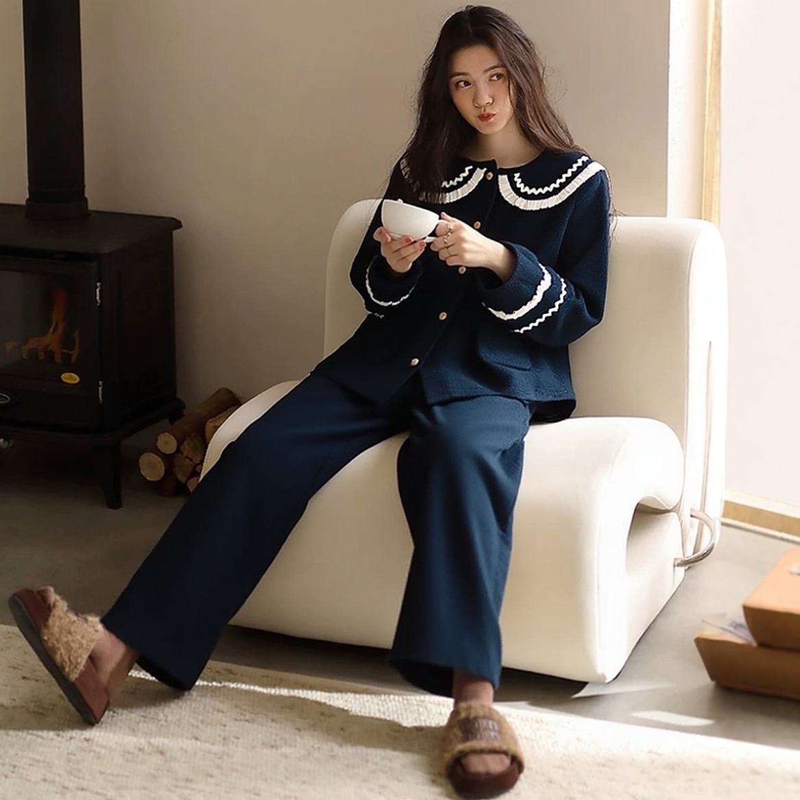 加绒加厚法兰绒保暖开衫睡衣女士秋冬季新款蓝色法式甜美风家居服