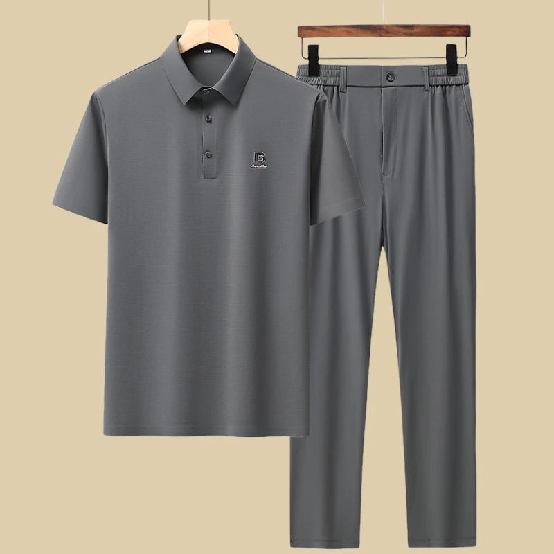 冰丝夏装套装中老年休闲运动服男士T恤父亲夏季polo衫短袖爸爸装