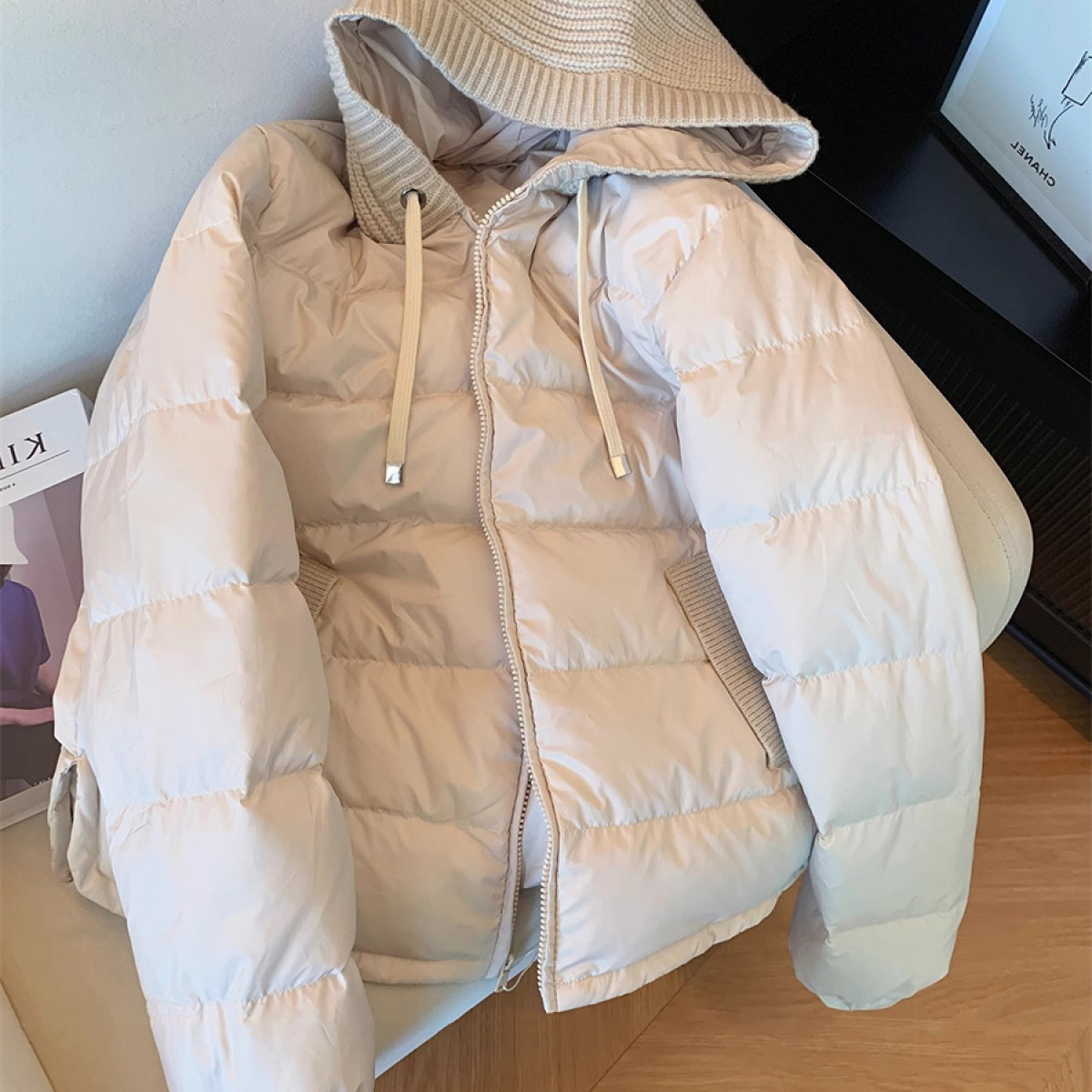 设计感独特别致针织拼接连帽棉服女秋冬法式气质百搭拉链棉衣外套