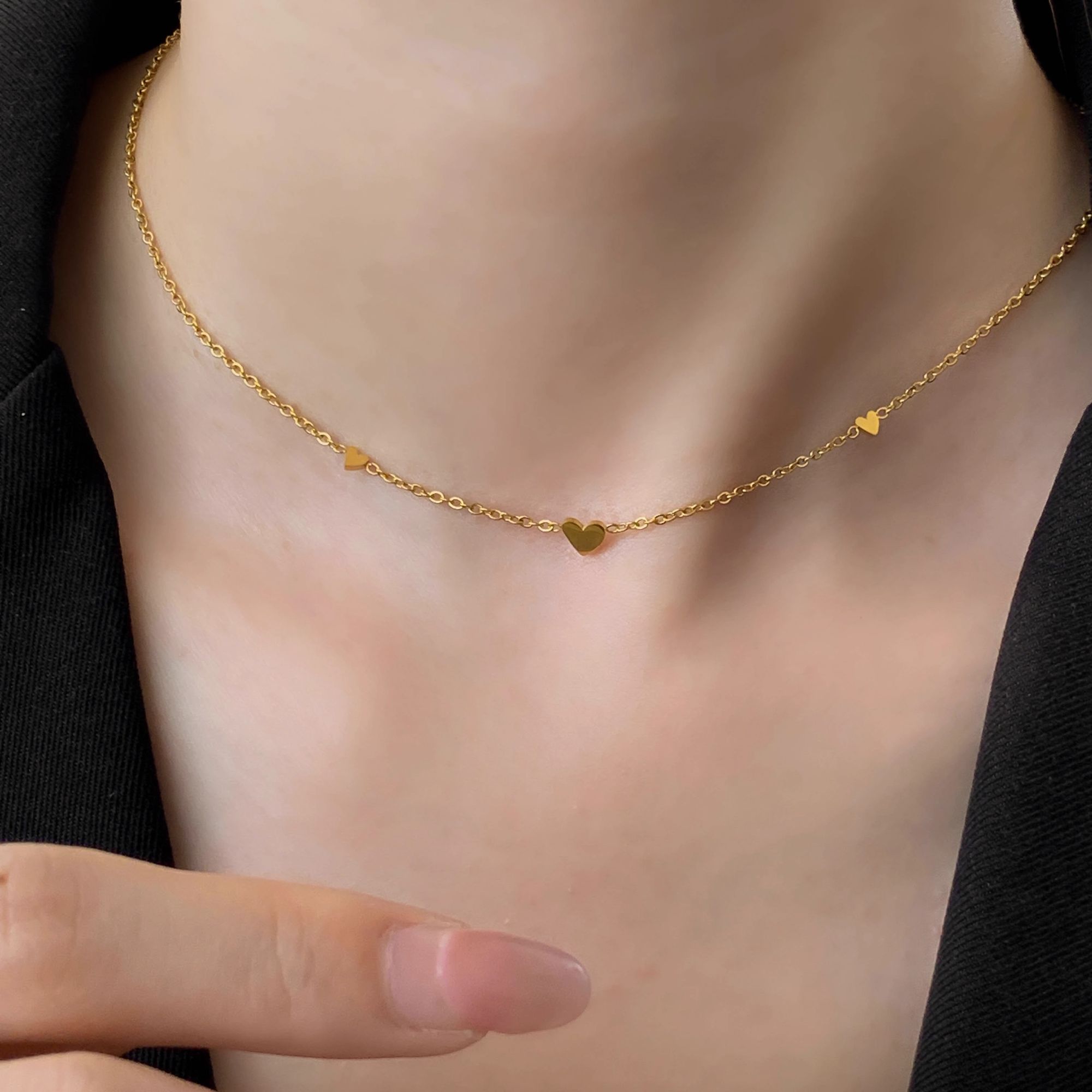 钛钢项链 钛钢不掉色金色爱心项链女精致百搭锁骨链细款小众颈链