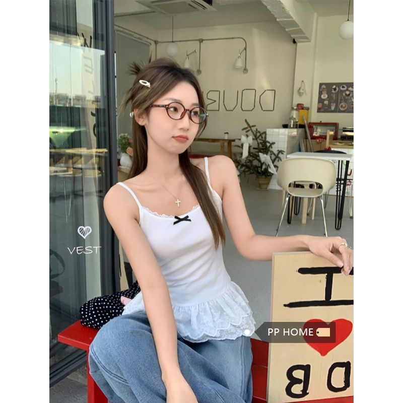 白色蝴蝶结吊带背心女春季蕾丝花边下摆修身叠穿内搭小衫上衣新款