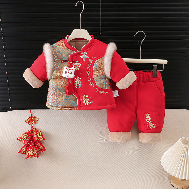 秋冬男女宝宝通用中国风套装周岁礼服加厚平安喜乐拜年服套装