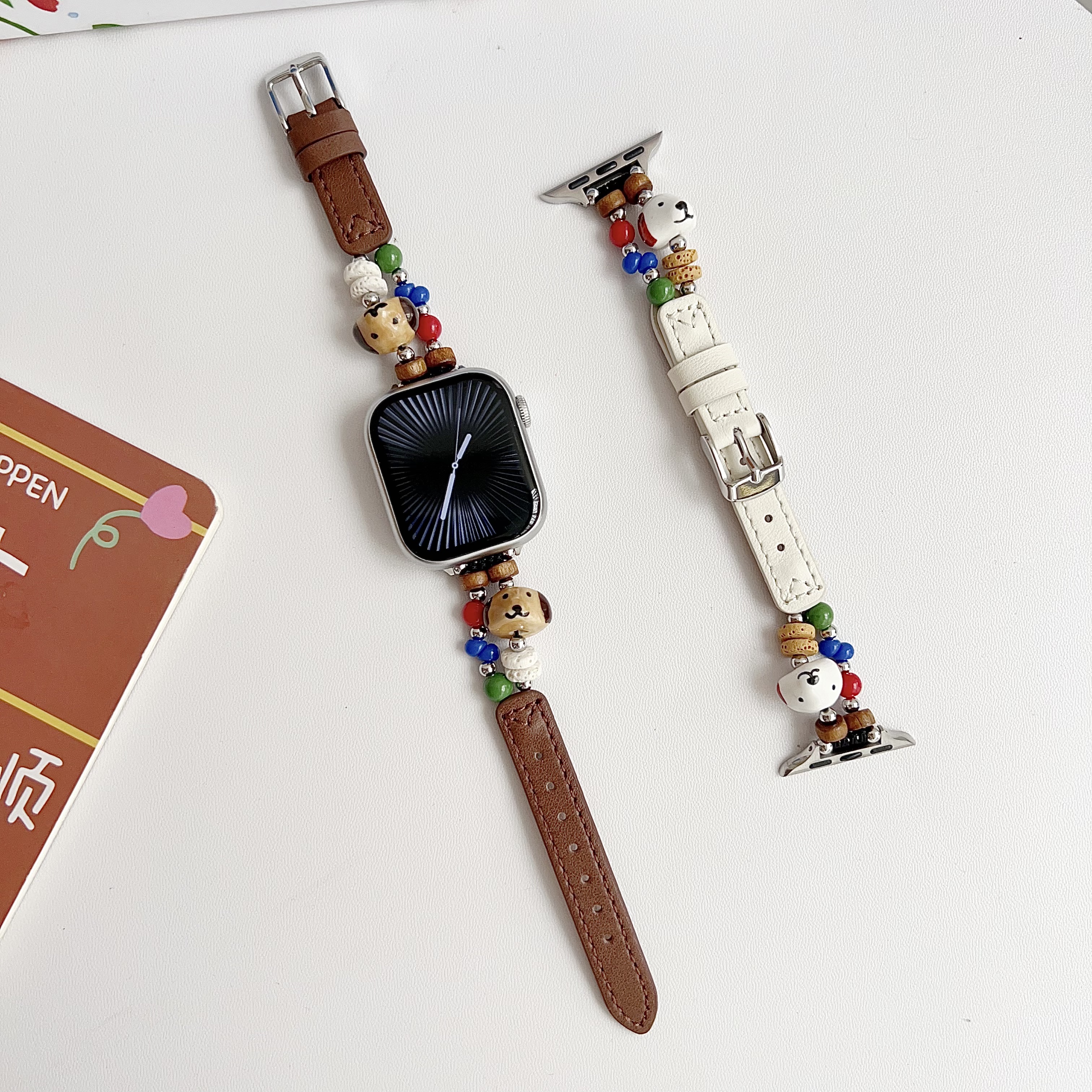 适用苹果iwatch陶瓷小狗真皮表带小米10表带pro红米华为vivo表带