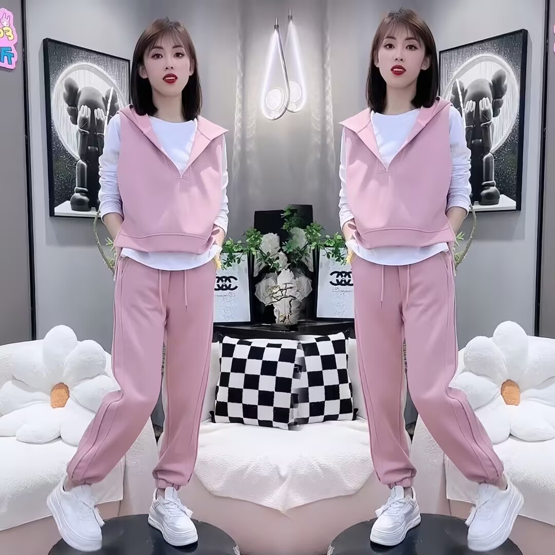 套装2025春季新款时尚洋气打底韩版马甲气质连帽休闲三件套爆款潮