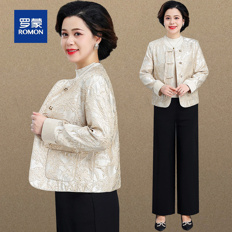 罗蒙新中式妈妈秋装外套新款中老年女装春秋小香风上衣服国风套装