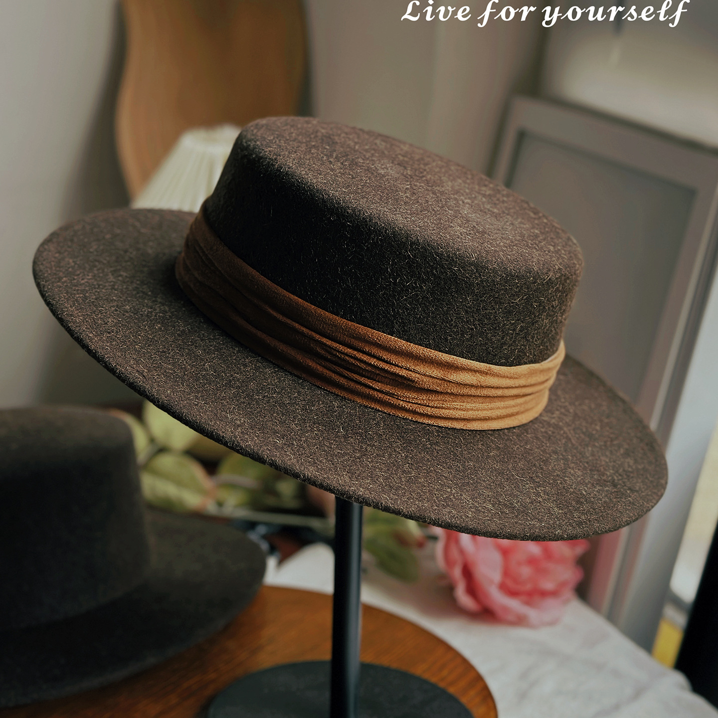 颐然帽坊英伦风纯羊毛呢平顶礼帽时尚褶皱丝带装饰设计秋冬新复古