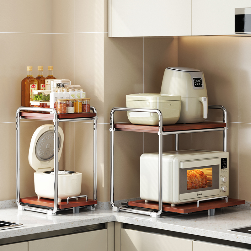 中古厨房微波炉置物架台面双层抽拉电饭锅支架分层架多功能调味罐