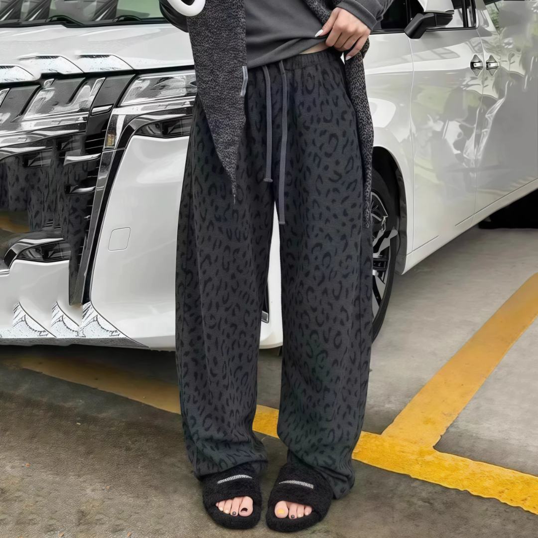 加绒加厚豹纹休闲裤女2025年冬季新款高腰宽松直筒阔腿松紧腰长裤