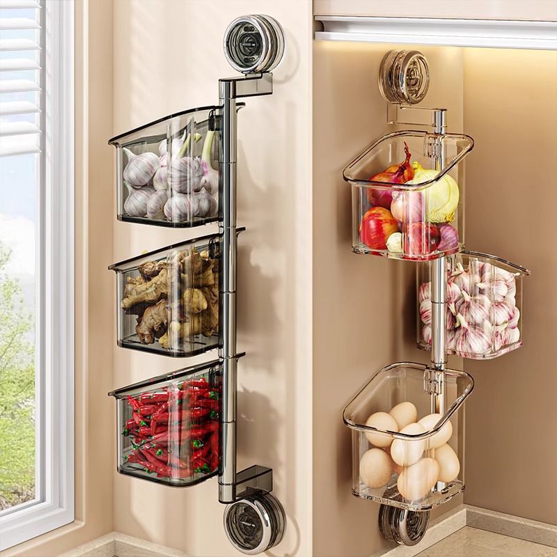 轻奢双吸盘旋转葱姜蒜收纳盒壁挂厨房大容量多层收纳置物架收纳盒