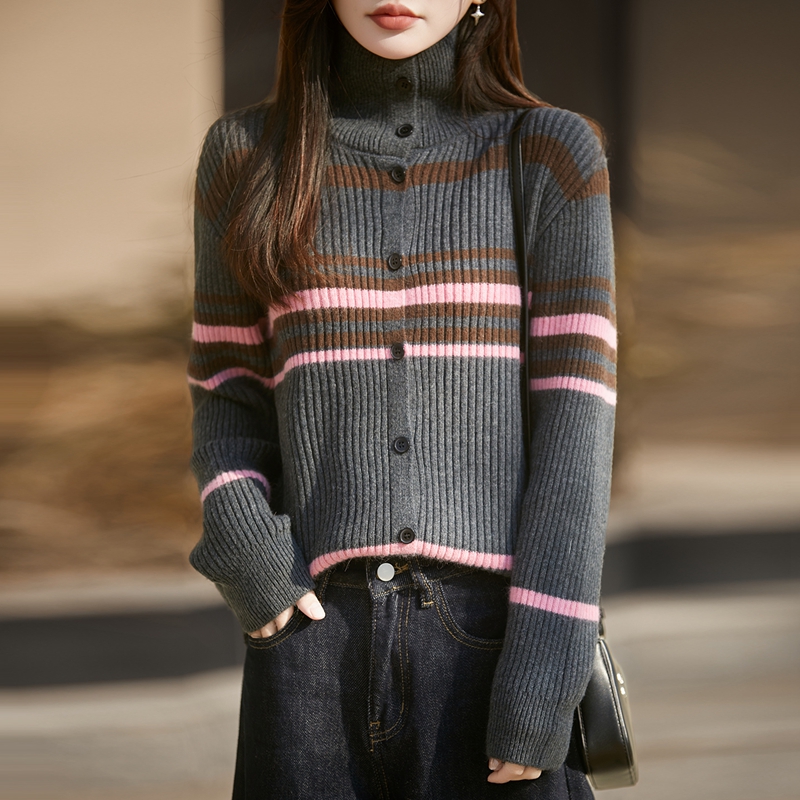 时尚品牌2026新款休闲条纹针织开衫撞色内搭羊毛衫外搭上衣