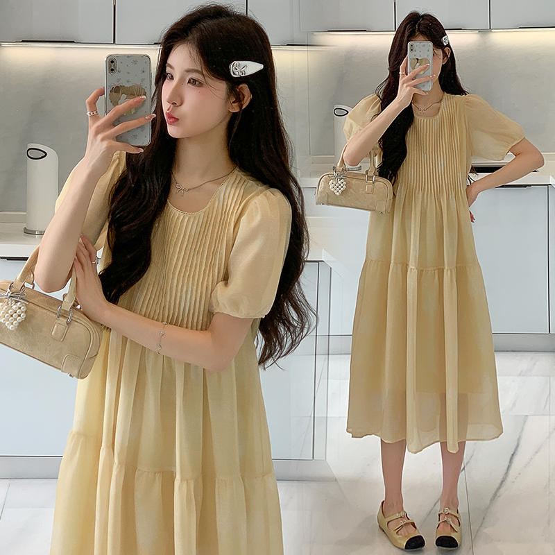 2025夏季宽松百搭高级感时尚中长款短袖连衣裙大码显瘦气质洋气