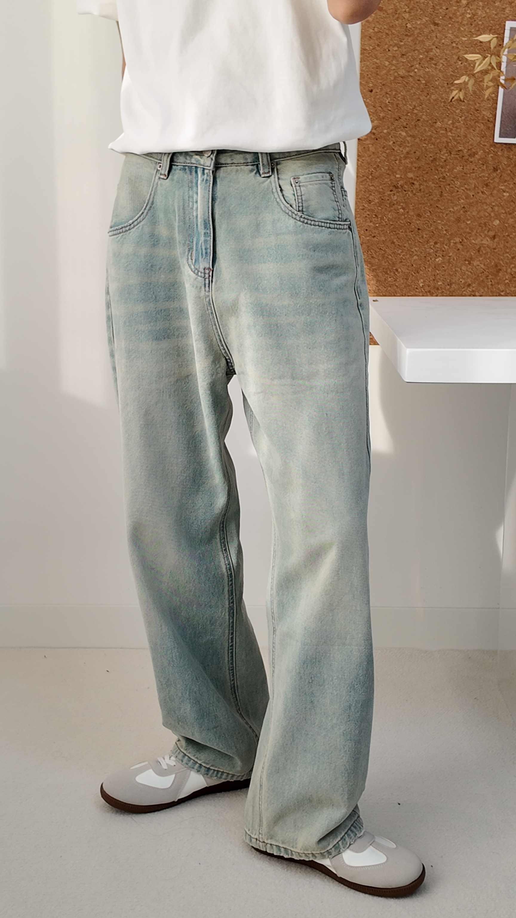 FY秋2025「」美式复古水洗宽松简约做旧浅蓝牛仔裤休闲百搭
