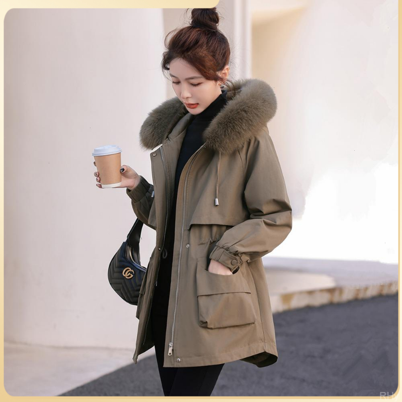 派克棉服女中长款冬季新款宽松收腰棉衣加绒加厚显瘦毛领连帽外套