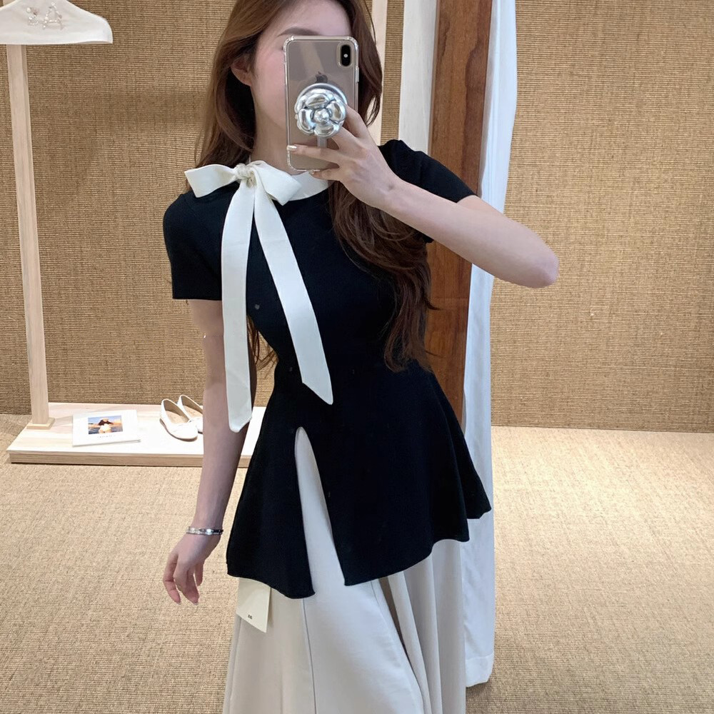 蝴蝶结系带针织短袖女夏季新款修身显瘦设计感开叉别致上衣睡衣女