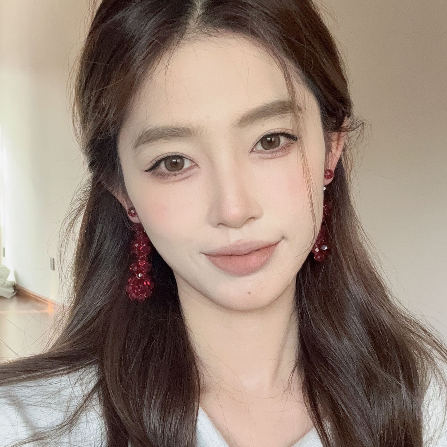 oushipei/欧诗佩 铜合金仿水晶耳饰 复古酒红色水晶串珠流苏耳环