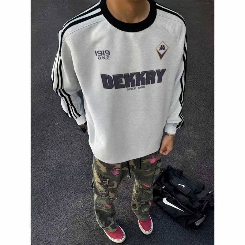 美式潮牌字母印花三条杠长袖T恤男秋季百搭宽松情侣纯棉重磅上衣