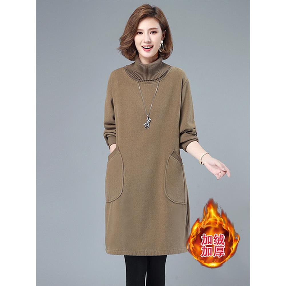 2025秋冬季高领保暖卫衣裙女中长款加厚加绒时尚休闲通勤保暖上衣