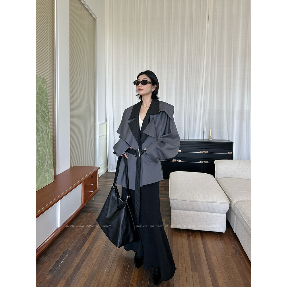 JCCC影子【远山】灰色可拆卸翻驳领撞色通勤短款风衣JE4BAZ28