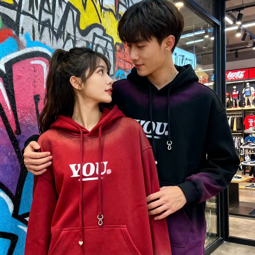 秋冬季连帽加绒加厚宽松卫衣百搭红色上衣男长袖潮牌高街休闲外套