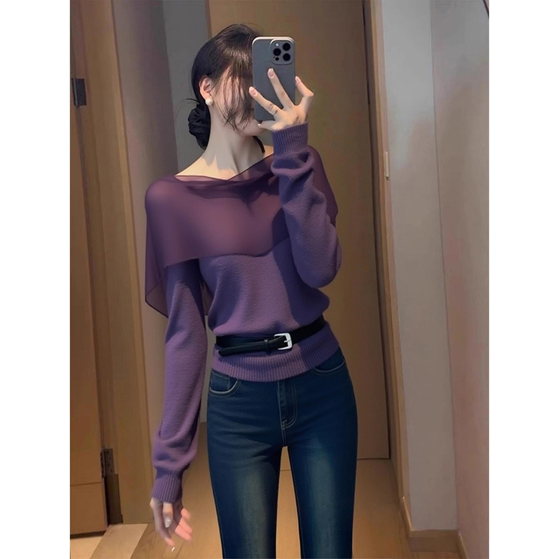 秋季巨好看设计感上衣小众不撞款独特漂亮洋气减龄紫色飘带针织衫