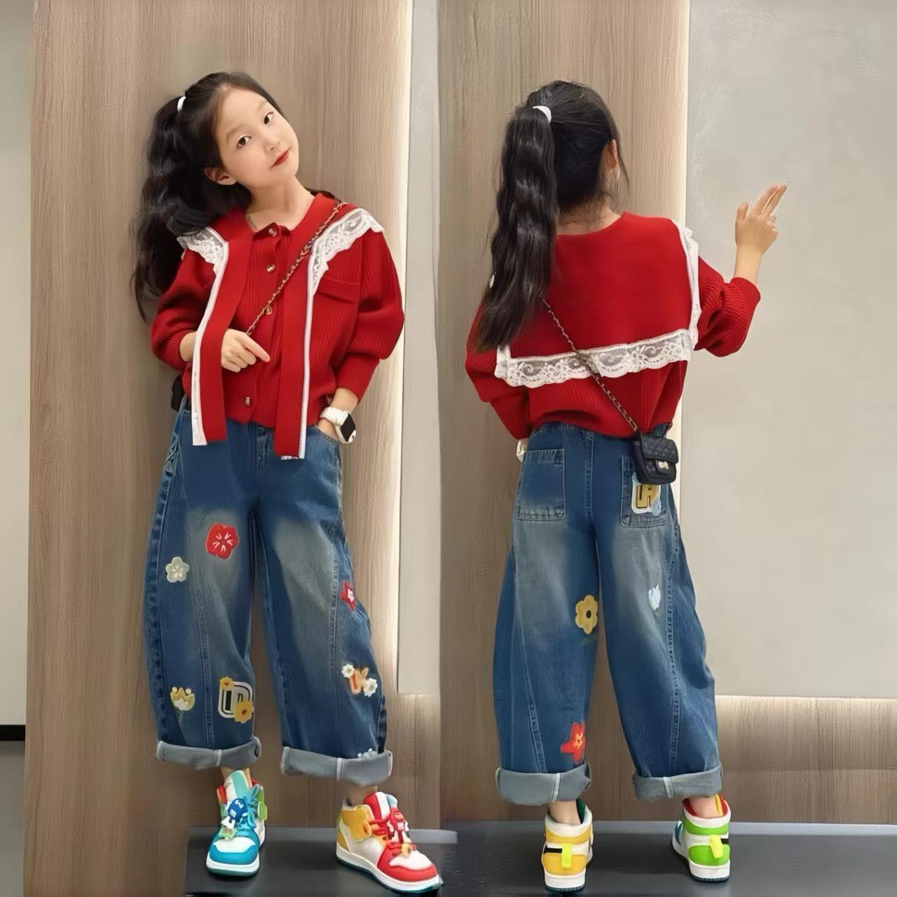 法式蕾丝拼接披肩翻领毛衣女童秋冬季法式高级感红色针织上衣套装