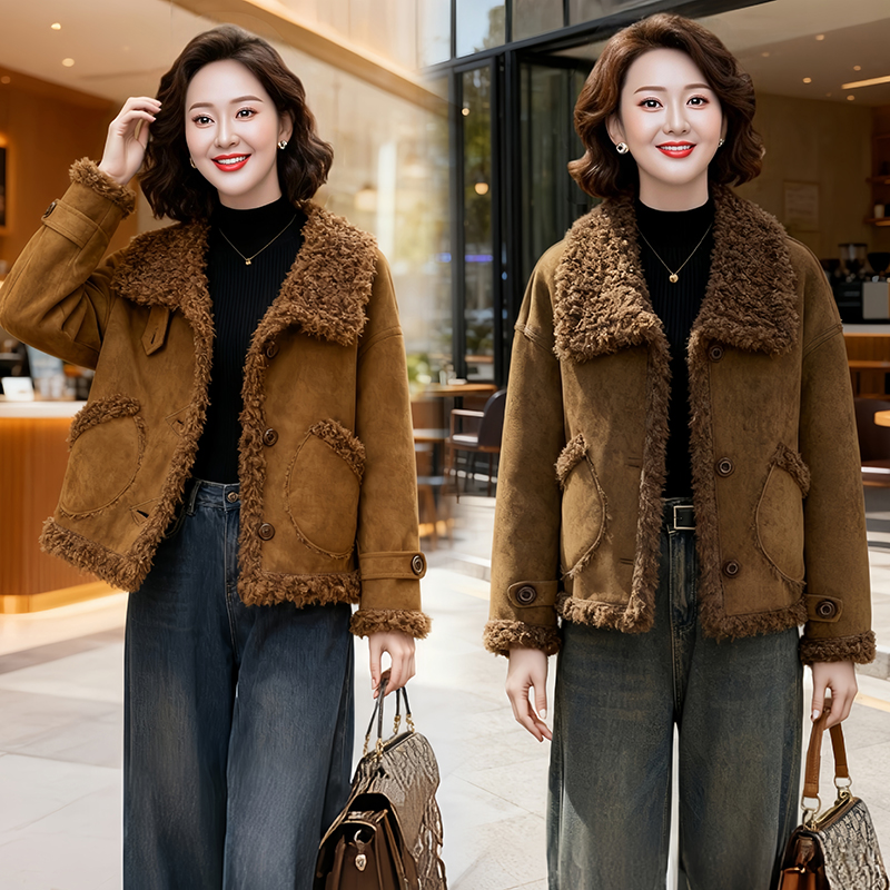 冬季女短外套仿皮毛毛一体短款保暖外套秋冬时尚2025新款女士洋气